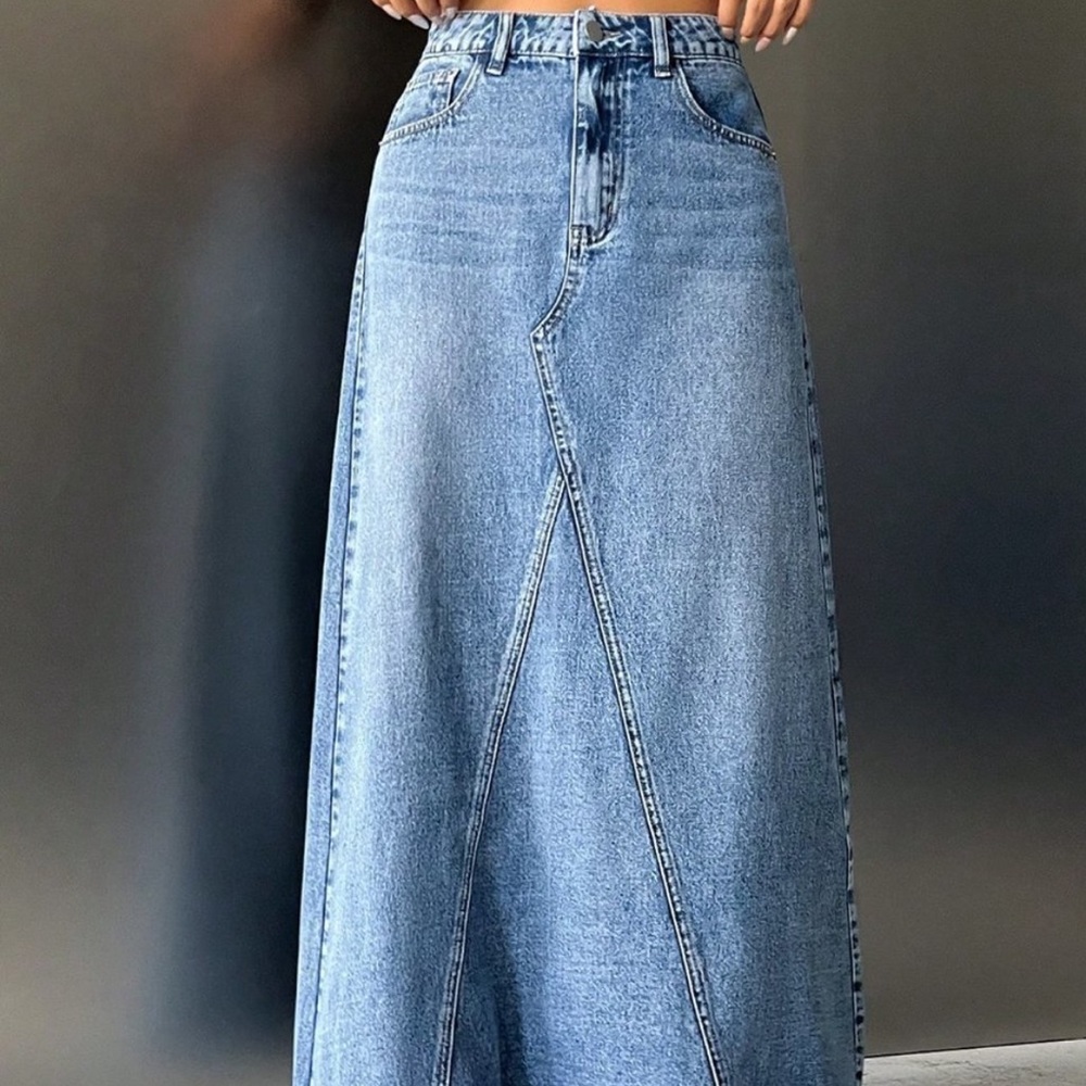 Boho blue denim high waisted maxi skirt - Picture 6 of 7